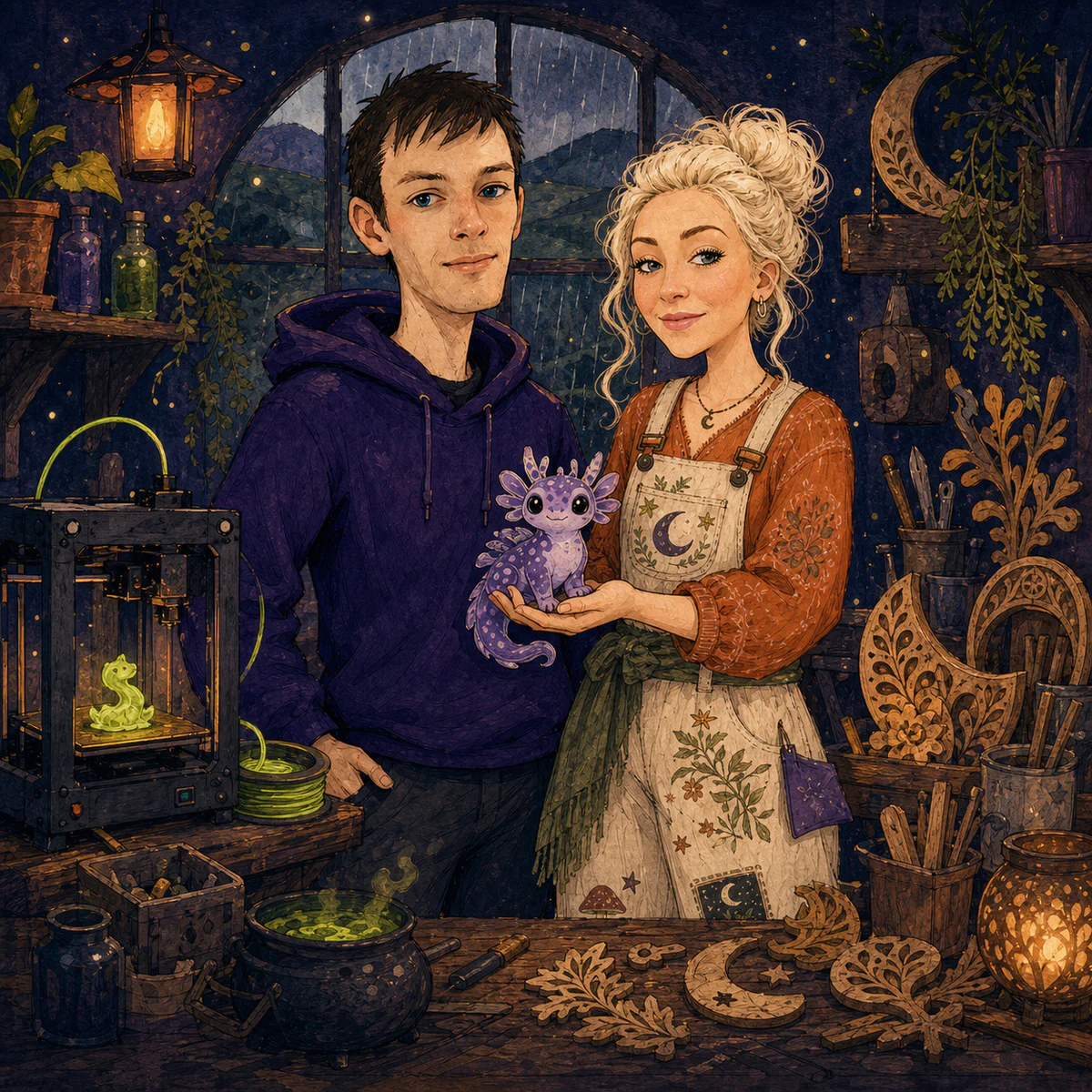 Illustrated workshop founders Kenny and Siobhan holding a small purple creature between a 3D printer and laser-cut wooden oddities